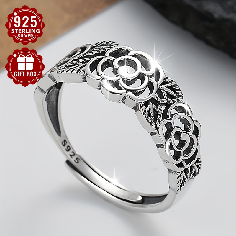 5g Sterling Silver Rose Ring Retro Ethnic Style Hollow Flower Ring